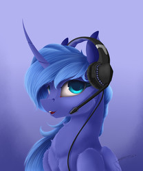 Size: 2500x3000 | Tagged: safe, artist:skitsroom, princess luna, alicorn, pony, gamer luna, g4, blue mane, curved horn, female, headset, high res, horn, solo, wings