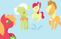 Size: 1024x664 | Tagged: safe, artist:bowlobunnys, apple bloom, applejack, big macintosh, granny smith, earth pony, pony, g4, apple family, blue background, bow, cowboy hat, female, filly, hair bow, hat, male, mare, missing accessory, missing cutie mark, ms paint, simple background, stallion, watermark