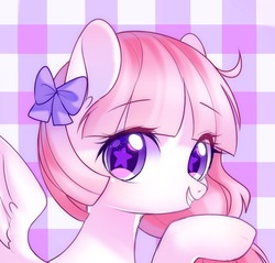 Size: 1150x1100 | Tagged: safe, artist:leafywind, oc, oc only, oc:xiao you, pegasus, pony, abstract background, bow, female, hair bow, mare, solo, starry eyes, wingding eyes