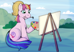 Size: 3507x2480 | Tagged: safe, artist:fishiewishes, toola roola, earth pony, pony, g3, g4, easel, female, high res, mouth hold, paintbrush, palette, smiling, solo, toola roola will be painting away