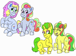 Size: 1240x909 | Tagged: safe, artist:honeytediz, kiwi tart, kiwi tart (g4), rainbow swirl, rainbow swirl (g4), pony, g3, g4, generational ponidox, self ponidox