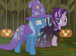 Size: 3028x2223 | Tagged: safe, artist:shutterflyeqd, starlight glimmer, trixie, pony, spider, unicorn, g4, clothes, cosplay, costume, duo, female, halloween, high res, holiday, mare, nightmare night, nightmare night costume, pumpkin, scared, show accurate