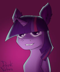 Size: 1000x1200 | Tagged: safe, artist:darkvulpes, twilight sparkle, alicorn, pony, g4, bust, evil grin, evil twilight, female, grin, naughty face, portrait, simple background, smiling, solo