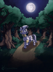 Size: 2249x3000 | Tagged: safe, artist:overlordneon, zecora, zebra, fanfic:the path, g4, ear piercing, everfree forest, eye, eyes, fanfic, fanfic art, fanfic cover, female, forest, full moon, glowing eyes, high res, looking back, mare, mare in the moon, moon, night, piercing, solo, stars, tree