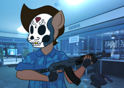 Size: 1829x1302 | Tagged: safe, artist:nerdymexicanunicorn, oc, oc only, oc:nerdy, anthro, ak-47, assault rifle, bank robbery, clothes, cosplay, costume, fingerless gloves, game screencap, gloves, gun, harvest and trustee, mask, payday 2, rifle, sangres, screencap background, weapon