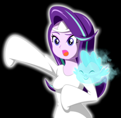 Size: 884x854 | Tagged: safe, artist:rosemile mulberry, spike, starlight glimmer, ghost, equestria girls, g4, black background, clothes, costume, eyes closed, female, ghost costume, halloween, halloween costume, holiday, male, open mouth, shinto, simple background, solo