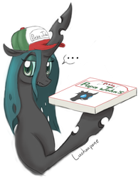 Size: 953x1228 | Tagged: safe, artist:luohanpone, queen chrysalis, changeling, changeling queen, g4, female, food, hat, papa john's, pizza, pun, solo, visual pun
