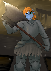 Size: 2500x3500 | Tagged: safe, artist:lupin quill, oc, oc only, oc:quick trip, anthro, armor, axe, clothes, crossover, dark souls, high res, solo, video game crossover, weapon