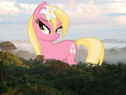 Size: 964x723 | Tagged: safe, lily, lily valley, pony, g4, giant pony, giantess, irl, macro, photo, ponies in real life, pun, rainforest, visual pun, wet mane