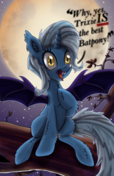 Size: 2500x3864 | Tagged: safe, artist:evil-dec0y, trixie, alicorn, bat pony, bat pony alicorn, pony, g4, alicornified, bat ponified, best pony, fangs, female, fluffy, high res, mare, moon, night, open mouth, perched, race swap, solo, stars, tree, trixiebat, trixiecorn, wings
