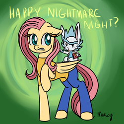 Size: 2880x2880 | Tagged: safe, artist:lamentedmusings, angel bunny, fluttershy, g4, clothes, costume, high res, juice, juice box, morty smith, nightmare night, nightmare night costume, rick and morty, rick sanchez, signature