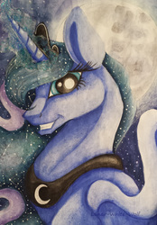 Size: 2037x2935 | Tagged: safe, artist:lunar-white-wolf, princess luna, g4, bust, female, glowing horn, high res, horn, moon, night, portrait, smiling, solo, traditional art
