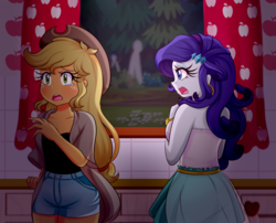 Size: 2100x1700 | Tagged: safe, artist:lucy-tan, applejack, rarity, equestria girls, g4, clothes, cowboy hat, crying, denim shorts, dress, freckles, fresno nightcrawlers, hat, jewelry, night, open mouth, sad, shorts, stetson, thighs