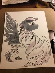 Size: 900x1200 | Tagged: safe, artist:tony fleecs, princess celestia, oc, alicorn, pegasus, pony, g4, grayscale, helmet, monochrome, traditional art