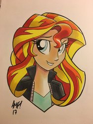 Size: 900x1200 | Tagged: safe, artist:tony fleecs, sunset shimmer, equestria girls, g4, bust, clothes, female, jacket, leather jacket, solo, traditional art