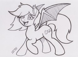Size: 3515x2594 | Tagged: safe, artist:latecustomer, oc, oc only, oc:speck, bat pony, cute, high res, smiling, solo, traditional art