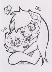 Size: 2635x3597 | Tagged: safe, artist:latecustomer, oc, oc only, oc:angel tears, oc:speck, bat pony, female, filly, heart, high res, hug, mother and daughter, smiling, traditional art