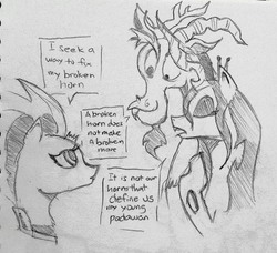 Size: 2324x2117 | Tagged: safe, artist:arcanelexicon, discord, queen chrysalis, tempest shadow, g4, my little pony: the movie, high res, sketch, traditional art