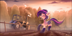 Size: 2754x1390 | Tagged: safe, artist:anti1mozg, artist:ramiras, oc, oc only, oc:amethyst arkin, earth pony, pony, basket, boots, clothes, collaboration, daisy dukes, farm, female, floppy ears, food, forest, looking at you, mare, mouth hold, one eye closed, potato, raised hoof, scenery, shoes, shorts, solo, tractor, wink