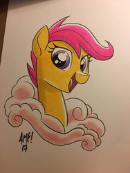 Size: 900x1200 | Tagged: safe, artist:tony fleecs, idw, scootaloo, pegasus, pony, g4, bust, cloud, female, filly, looking at you, marker drawing, simple background, solo, traditional art, white background