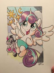 Size: 900x1200 | Tagged: safe, artist:tony fleecs, idw, king sombra, princess flurry heart, alicorn, pony, g4, baby, cute, diaper, female, filly, flurrybetes, hilarious in hindsight, mobile, plushie, smiling, traditional art