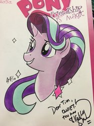 Size: 900x1200 | Tagged: safe, artist:tony fleecs, idw, starlight glimmer, pony, unicorn, g4, bust, cute, female, glimmerbetes, logo, my little pony logo, my little pony: friendship is magic logo, portrait, smiling, solo, stars, text, traditional art