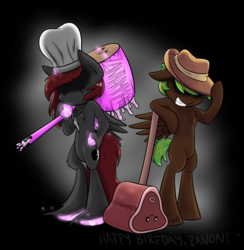 Size: 2000x2050 | Tagged: safe, artist:midnightpremiere, oc, oc only, oc:midnight premier, oc:zanon, bipedal, blank flank, chest fluff, clothes, glowing hooves, hammer, hat, high res, smiling