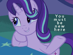 Size: 1080x810 | Tagged: safe, color edit, edit, edited screencap, screencap, starlight glimmer, g4, uncommon bond, animated, bed, blanket, color cycling, colored, creepy, cute, excited, eyestrain warning, female, happy, head tilt, hoof on chin, image macro, meme, night, sheet, simple background, smiling, solo, stars, text, twilight's castle, you must be new here