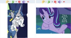 Size: 1213x654 | Tagged: safe, edit, edited screencap, screencap, star swirl the bearded, starlight glimmer, pony, unicorn, derpibooru, g4, shadow play, uncommon bond, animated in description, beard, bed, blanket, creepy, cute, excited, facial hair, happy, hat, head tilt, hoof on chin, image macro, juxtaposition, juxtaposition win, male, meme, meta, night, sheet, simple background, smiling, stallion, stars, text, twilight's castle, wizard hat, you must be new here