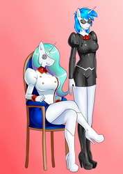 Size: 2000x2828 | Tagged: safe, artist:oo sebastian oo, dj pon-3, princess celestia, vinyl scratch, anthro, plantigrade anthro, g4, boots, brainwashing, chair, crossed legs, duo, female, fetish, high res, latex, latex suit, mind control, rubber, rubber drone, shoes, simple background, sitting, standing, swirly eyes