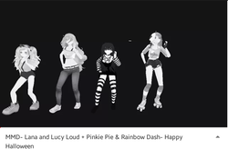 Size: 668x438 | Tagged: safe, pinkie pie, rainbow dash, human, g4, 3d, halloween, happy halloween, holiday, humanized, lana loud, lucy loud, mmd, screenshots, the loud house