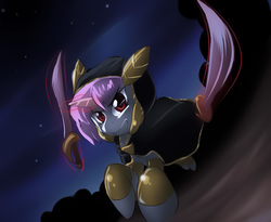 Size: 960x786 | Tagged: safe, artist:valronic, oc, oc only, oc:banshee, pony, unicorn, pony town, armor, cloak, clothes, hood, night, night sky, pink mane, red eyes, sky, sword, weapon