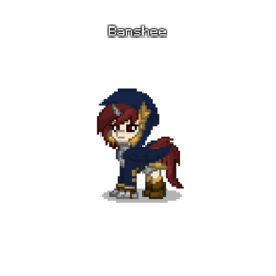 Size: 1000x1000 | Tagged: safe, oc, oc only, oc:banshee, pony, unicorn, pony town, armor, cloak, clothes, hood, hoof blades, jacket, red eyes, red mane, sword, weapon