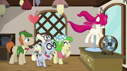 Size: 1280x720 | Tagged: safe, screencap, gizmo, mr. breezy, mr. waddle, earth pony, pony, g4, it isn't the mane thing about you, bowtie, clothes, elderly, fan, female, glasses, group, hat, liver spots, male, mannequin, mare, ponyquin, quartet, stallion, windswept mane