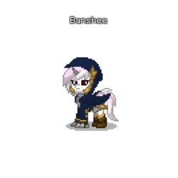 Size: 1000x1000 | Tagged: safe, oc, oc only, oc:banshee, pony, unicorn, pony town, armor, cloak, clothes, hood, hoof blades, jacket, pink mane, red eyes, sword, weapon