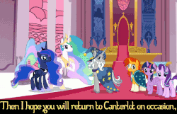 Size: 682x440 | Tagged: safe, edit, screencap, princess celestia, princess luna, star swirl the bearded, starlight glimmer, sunburst, twilight sparkle, alicorn, pony, unicorn, g4, shadow play, amulet, animated, banner, beardedbetes, bell, bowing, canterlot castle, canterlot throne room, cape, caption, carpet, close-up, clothes, cropped, crown, crying, cute, daaaaaaaaaaaw, ethereal mane, female, fountain, grin, happy, hat, jewelry, lip bite, looking at you, male, mare, pillar, pointing, raised hoof, regalia, slippers, smiling, stained glass, stallion, starry mane, surprised, tears of joy, text, throne, throne room, twiabetes, twilight sparkle (alicorn), water, wizard hat