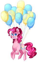 Size: 2287x3667 | Tagged: safe, artist:dazeyruch, pinkie pie, earth pony, pony, g4, balloon, candy, female, floating, food, high res, lollipop, mouth hold, simple background, solo, then watch her balloons lift her up to the sky, transparent background