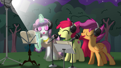 Size: 5000x2813 | Tagged: safe, artist:crisostomo-ibarra, apple bloom, scootaloo, sweetie belle, earth pony, pony, g4, clothes, cutie mark, cutie mark crusaders, dress, eyes closed, eyeshadow, freckles, glowing horn, headphones, high res, horn, jewelry, magic, makeup, microphone, night, older, older apple bloom, older scootaloo, older sweetie belle, open mouth, singing, smiling, spotlight, telekinesis, tree, trio