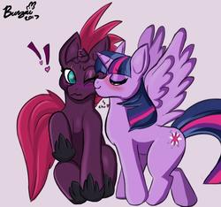 Size: 1280x1196 | Tagged: safe, artist:amazingbunzai, fizzlepop berrytwist, tempest shadow, twilight sparkle, alicorn, pony, g4, my little pony: the movie, blushing, broken horn, cheek kiss, duo, eyes closed, female, horn, horseshoes, kissing, lesbian, raised hoof, ship:tempestlight, shipping, spread wings, twilight sparkle (alicorn), wings