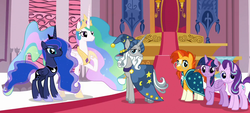 Size: 1000x450 | Tagged: safe, screencap, princess celestia, princess luna, star swirl the bearded, starlight glimmer, sunburst, twilight sparkle, alicorn, pony, unicorn, g4, shadow play, amulet, banner, beardedbetes, bell, canterlot castle, canterlot throne room, cape, carpet, clothes, cropped, crown, ethereal mane, female, fountain, happy, hat, jewelry, looking at you, male, mare, pillar, raised hoof, regalia, slippers, smiling, stained glass, stallion, starry mane, throne, throne room, twilight sparkle (alicorn), water