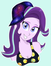 Size: 1068x1364 | Tagged: safe, artist:iyoungsavage, starlight glimmer, equestria girls, g4, alternate clothes, bust, emoji, female, hat, simple background, smiling, solo, 😂