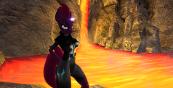 Size: 1920x986 | Tagged: safe, tempest shadow, anthro, g4, my little pony: the movie, armor, clothes, costume, female, latex, lava, second life, solo