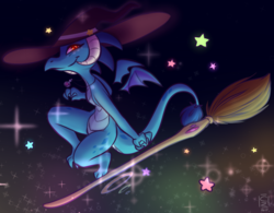 Size: 1005x782 | Tagged: safe, artist:crizone-aura, princess ember, dragon, g4, broom, female, flying, flying broomstick, hat, looking at you, smiling, solo, stars, witch hat