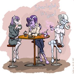 Size: 3000x3000 | Tagged: safe, artist:2d20, maud pie, starlight glimmer, teacup poodle, trixie, earth pony, unicorn, anthro, unguligrade anthro, g4, cafe, clothes, cup, dialogue, facepalm, food, high res, hoodie, laughing, magic, pun, sandwich, smiling, table, teacup, trio, visual pun