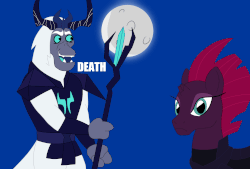 Size: 1500x1014 | Tagged: safe, artist:sergeant16bit, storm king, tempest shadow, pony, unicorn, yeti, g4, my little pony: the movie, animated, broken horn, cute, day, death, dialogue, digital, duo, duo male and female, gif, horn, life, male, moon, new student starfish, night, patrick star, spongebob squarepants, staff, staff of sacanas, storm king's emblem, stormabetes, sun, yin-yang