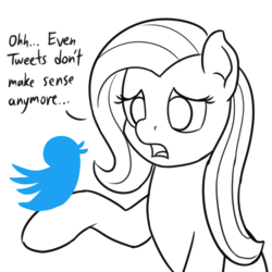 Size: 1280x1280 | Tagged: safe, artist:mkogwheel, fluttershy, g4, the cutie map, dialogue, even tweets don't make sense anymore, female, meta, monochrome, open mouth, simple background, solo, twitter