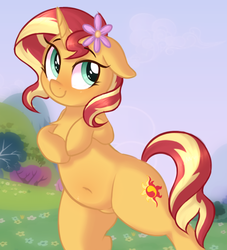 Size: 962x1058 | Tagged: safe, artist:toroitimu, sunset shimmer, pony, unicorn, g4, belly, belly button, bipedal, chest fluff, cute, female, floppy ears, flower, flower in hair, looking at you, mare, pubic mound, shimmerbetes, smiling, solo, weapons-grade cute
