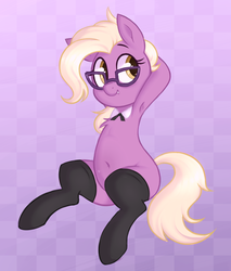 Size: 667x782 | Tagged: safe, artist:toroitimu, grace manewitz, earth pony, pony, g4, armpits, belly, belly button, blank flank, checkered background, chest fluff, clothes, female, glasses, grace manewitz is an armpit slut, hooves behind head, mare, smiling, socks, solo, thigh highs