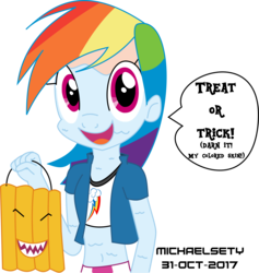 Size: 3500x3692 | Tagged: safe, artist:michaelsety, rainbow dash, human, anthro, equestria girls, g4, bag, dialogue, halloween, high res, holiday, humanized, nightmare night, paint on skin, trick or treat