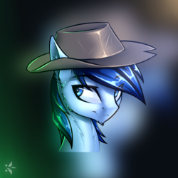 Size: 1100x1100 | Tagged: safe, artist:justafallingstar, oc, oc only, oc:p-21, fallout equestria, blue eyes, bust, clothes, colt, hat, head, male